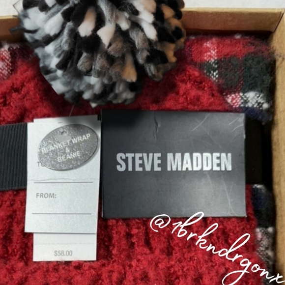 Steve Madden Holiday Gift Set Beanie Hat & Blanket Plaid Scarf Upgraded Lux Pom - Picture 4 of 14